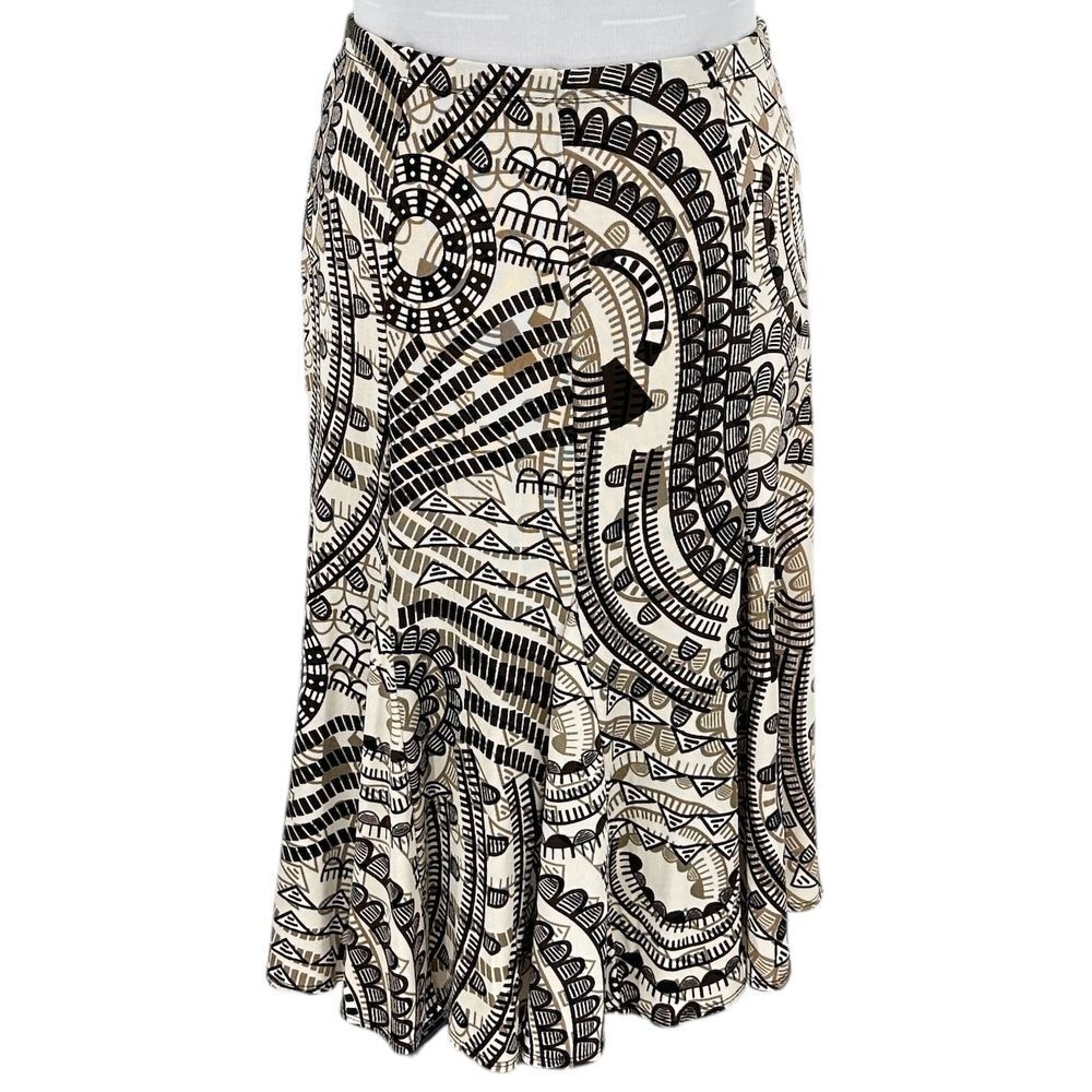 Chico's Travelers Brown‎ Tan Geometric Print A-Line Gored Hem Midi Skirt Size M